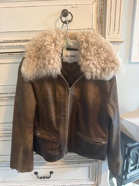 RE/DONE Women's Brown Leather Jacket with Cream Shearling Collar